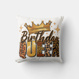 Birthday Queen with Golden Crown Leopard Throw Pillow