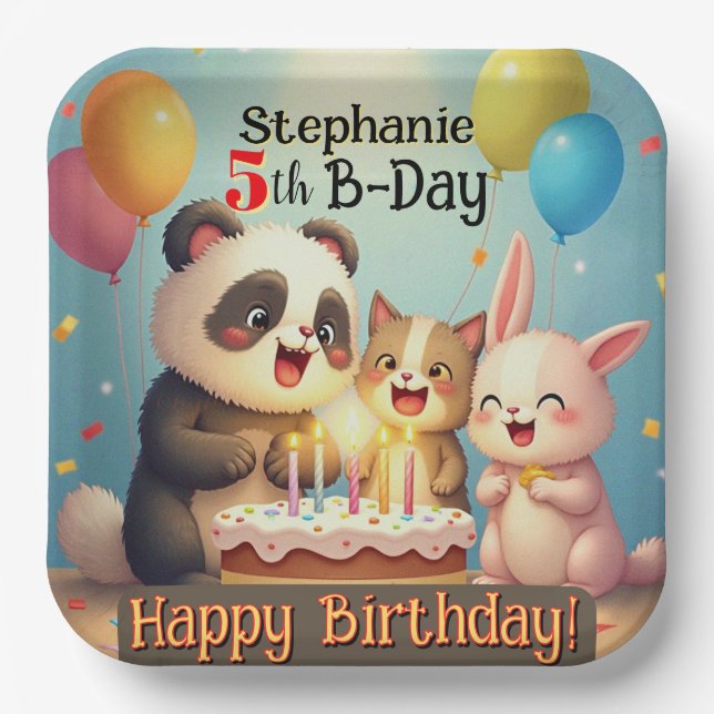 Birthday Rabbit Panda Cat Animals  Paper Plate (Front)