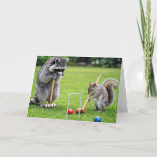 Birthday Raccoon and Squirrel Playing Croquet Card