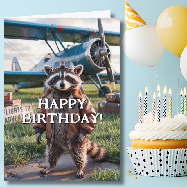 Birthday Raccoon Pilot & Airplane Photo Funny Card (Creator Uploaded)