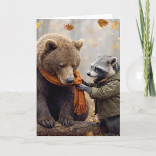 Birthday Raccoon Tying a Scarf On a Bear Card