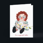 Birthday Rag Doll for sister Card<br><div class="desc">Old rag doll with daisy bouquet on white for sister's birthday</div>