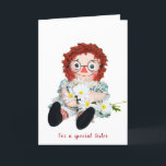 Birthday Rag Doll for sister Card<br><div class="desc">Old rag doll with daisy bouquet on white for sister's birthday</div>