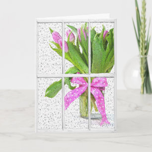 birthday rain on window with tulips card