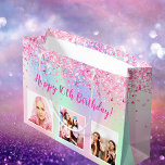 Birthday rainbow blush pink glitter dust photo large gift bag<br><div class="desc">For a girly and glamourous 16th (or any age) birthday.  A rainbow,  holographic coloured background withblush pink,  rose gold and purple glitter dust. Personalize and add 3 photos and age 16/text.</div>