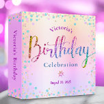 Birthday Rainbow Glitter Confetti Ombre Keepsake Binder<br><div class="desc">Let your favourite girl celebrate her birthday with this stunning keepsake scrapbook memory album. Rainbow glitter script typography, along with festive turquoise, purple pink and gold confetti, overlays a rainbow ombre foil metallic background. More brushed rainbow ombre foil and pastel confetti dots are on the back. Personalize the custom text...</div>