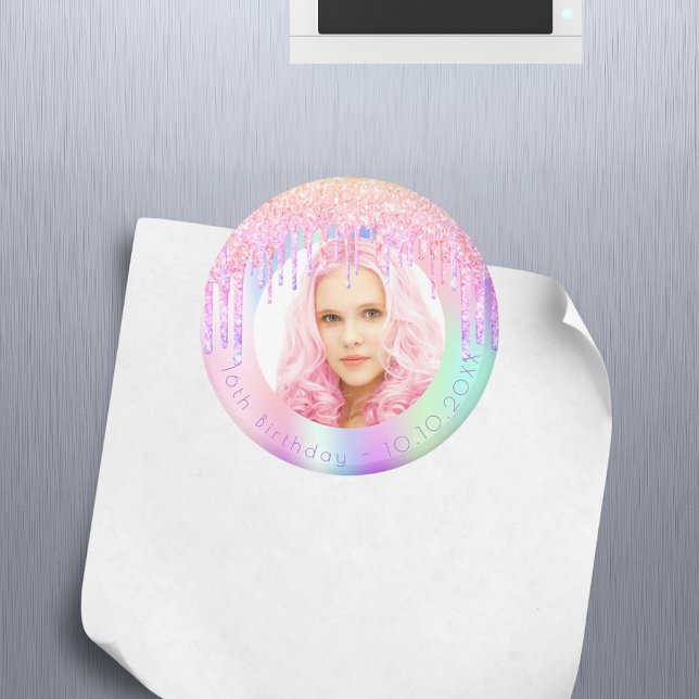 Birthday rainbow glitter drips custom photo pink  magnet (Creator Uploaded)