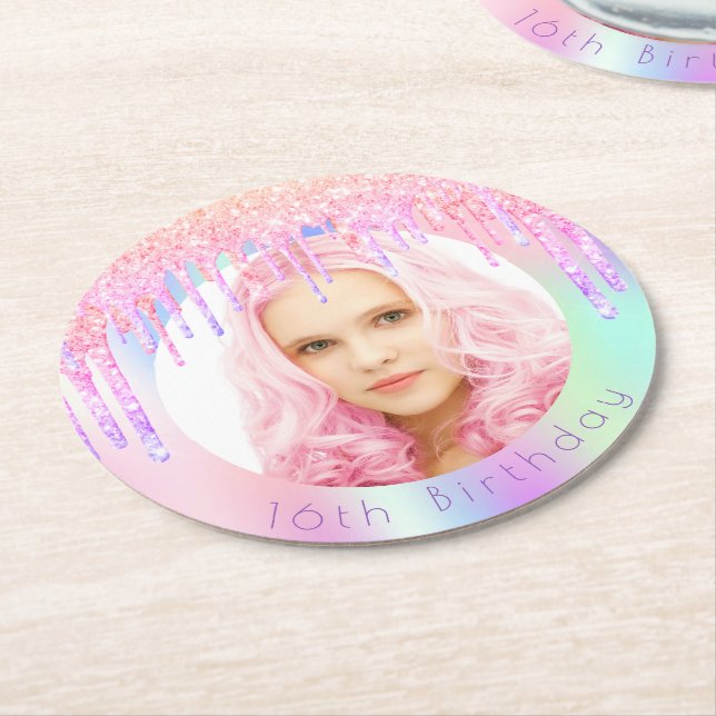 Birthday rainbow glitter drips custom photo pink round paper coaster (Angled)