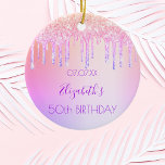 Birthday rainbow glitter pink purple 50 sparkle ceramic ornament<br><div class="desc">An ornament for a girly and glamourous 50th (or any age) birthday. A trendy rainbow coloured gradient background in purple, pink and rose gold with faux glitter drips, paint dripping look as decoration. Personalize and add a name, date and age 50. The name is written with a modern hand lettered...</div>