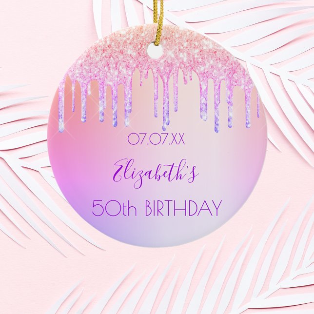 Birthday rainbow glitter pink purple 50 sparkle ceramic ornament (Creator Uploaded)