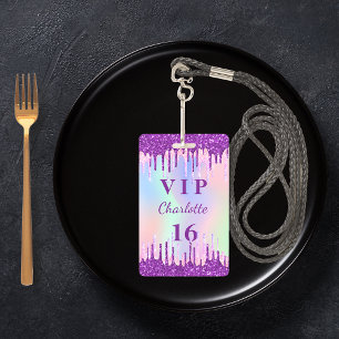Birthday rainbow glitter purple VIP invitation Badge