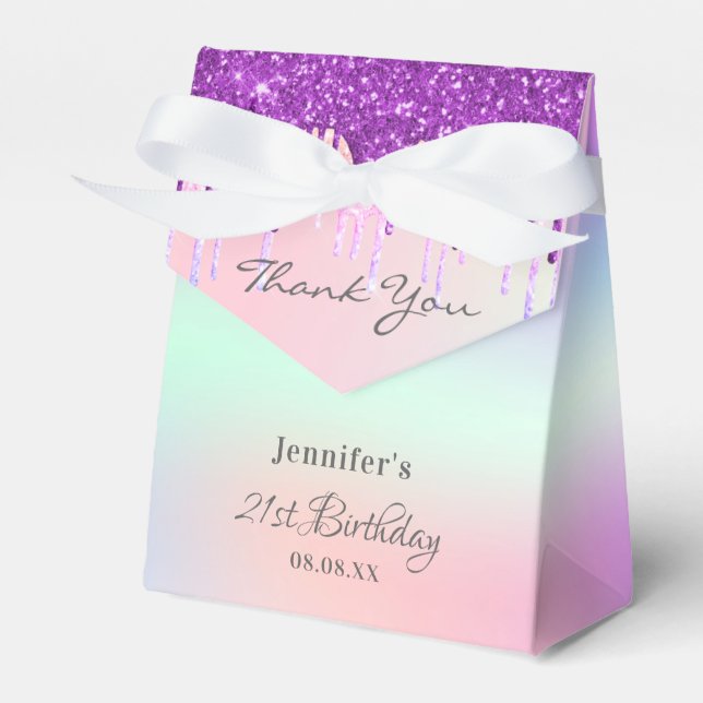 Birthday rainbow purple glitter drips thank you favor box (Front Side)