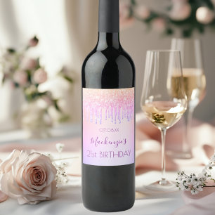 Birthday rainbow rose gold glitter pink sparkle wine label