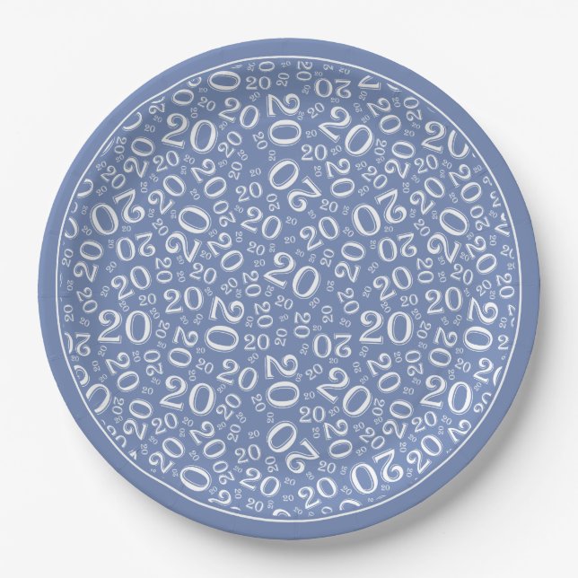 Birthday Random Number Pattern Blue/White 20 Paper Plate (Front)