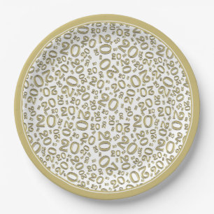Birthday Random Number Pattern Gold/White 20 Paper Plate