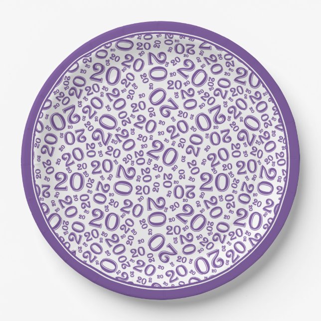 Birthday Random Number Pattern Purple/White 20 Paper Plate (Front)