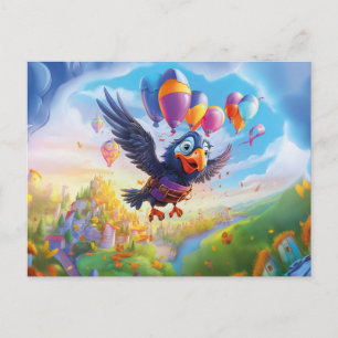 Birthday Raven With Balloons And Fantasy Castle La Postcard