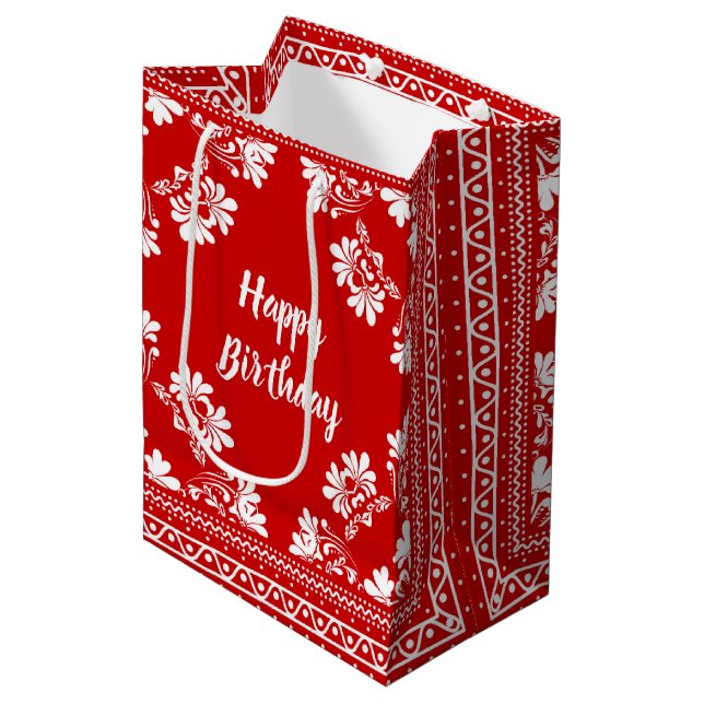 Birthday Red and White Bandanna  Medium Gift Bag (Front Angled)