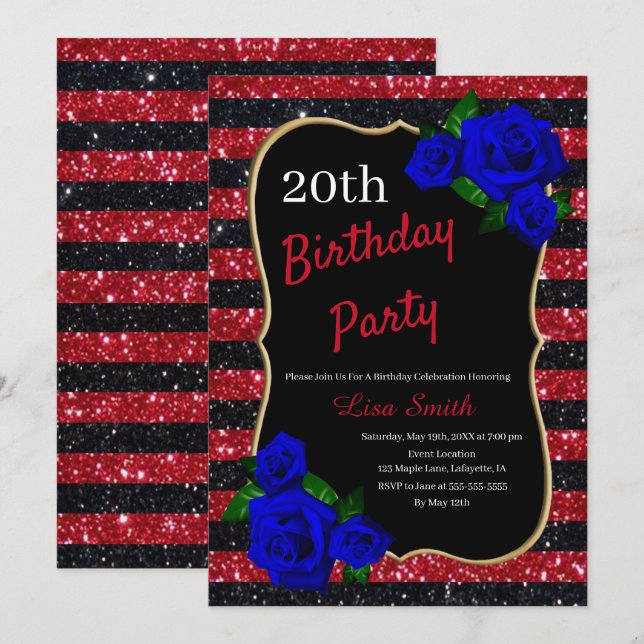 Birthday Red Black Stripes Glitter Deep Blue Roses Invitation (Front/Back)