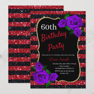 Birthday Red Black Stripes Glitter Purple Roses Invitation