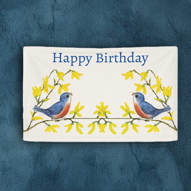 Birthday Red Blue Birds Branches Yellow Flowers Banner (Happy Birthday banner or backdrop decoration red blue birds on branch yellow flowers on white.)