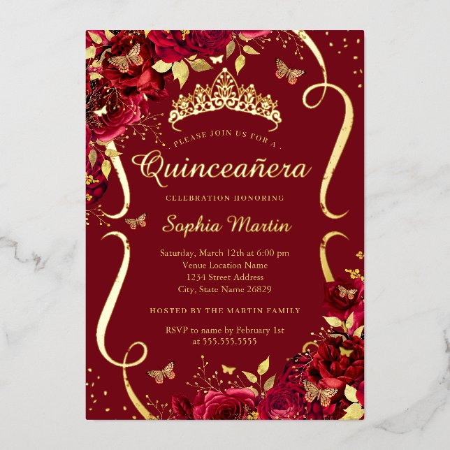 Birthday Red Gold Floral Butterfly Quinceanera (Front)