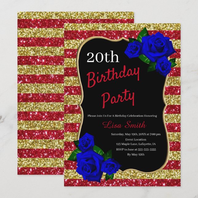 Birthday Red Gold Stripes Glitter Deep Blue Roses Invitation (Front/Back)