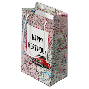 Birthday Red Retro Truck on Map  Small Gift Bag