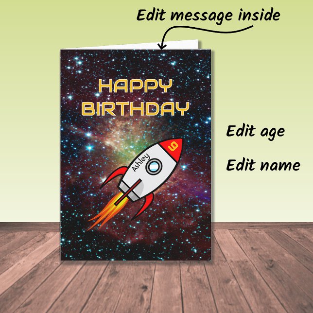 Birthday red rocket custom name and age card (Creator Uploaded)