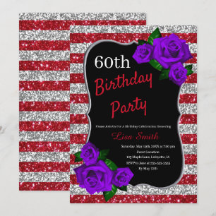 Birthday Red Silver Stripes Glitter Purple Roses Invitation