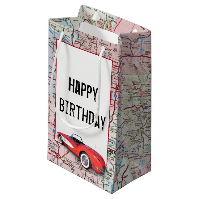 Birthday Retro Buick On Map Small Gift Bag (Front Angled)