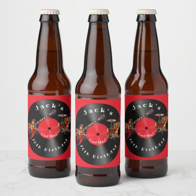 Birthday Retro Vinyl Record Rock Music Guitar Beer Bottle Label (Bottles)