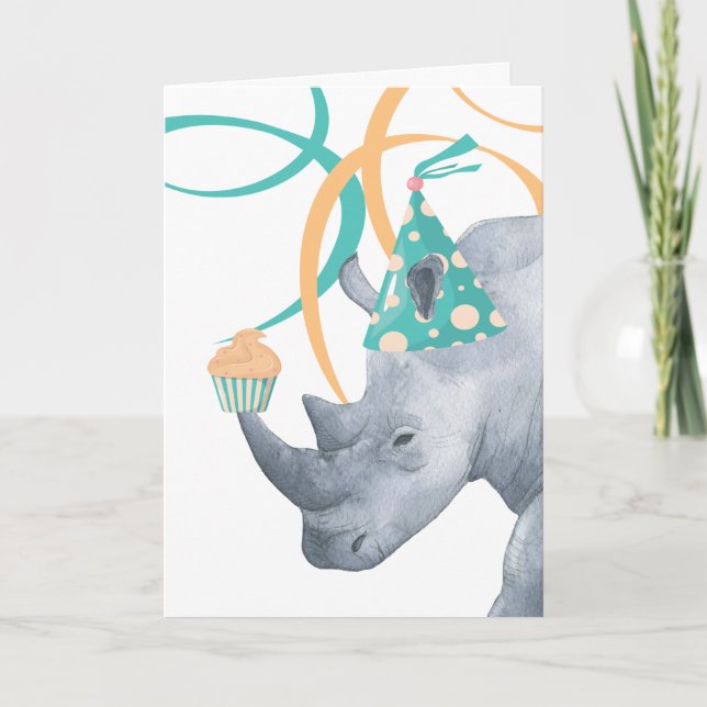 Birthday Rhino in Party Hat with a Cupcake on Horn Card (Front)