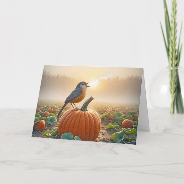 Birthday Robin Singing On a Pumpkin Card (Front)