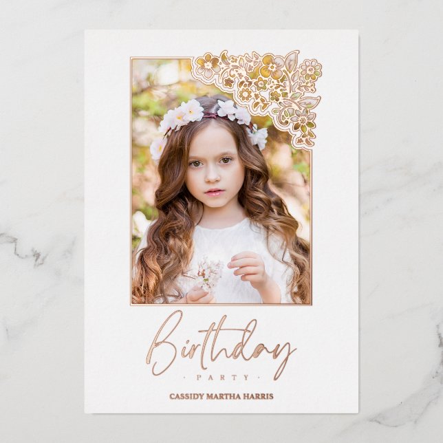 Birthday Romantic Rose Gold Floral Frame Photo (Front)