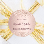 Birthday rose gold 2 persons two names classic round sticker<br><div class="desc">Celebrating 2 persons,  a 21st (or any age) birthday party.  A rose gold background with confetti. Personalize and add a date,  names and age. The text: The names are written in dark rose gold with a modern hand lettered style script.</div>