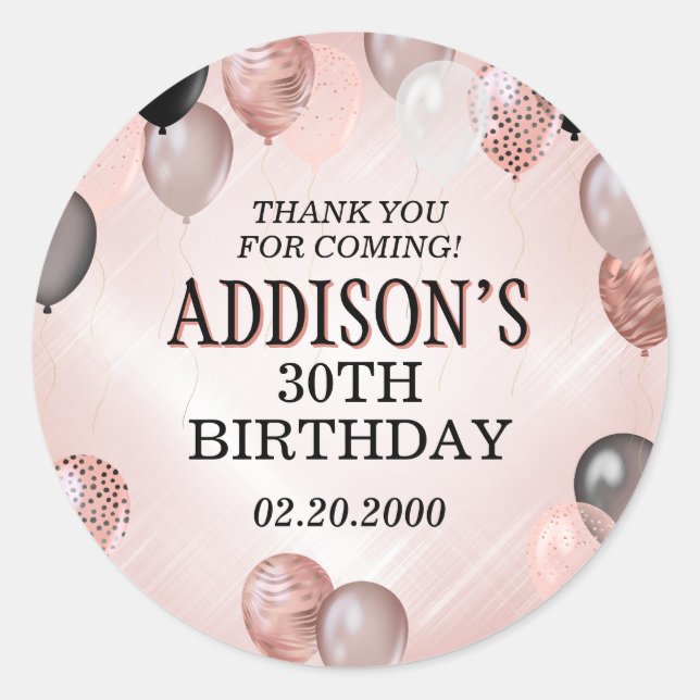 Birthday Rose Gold Balloons Classic Round Sticker (Front)