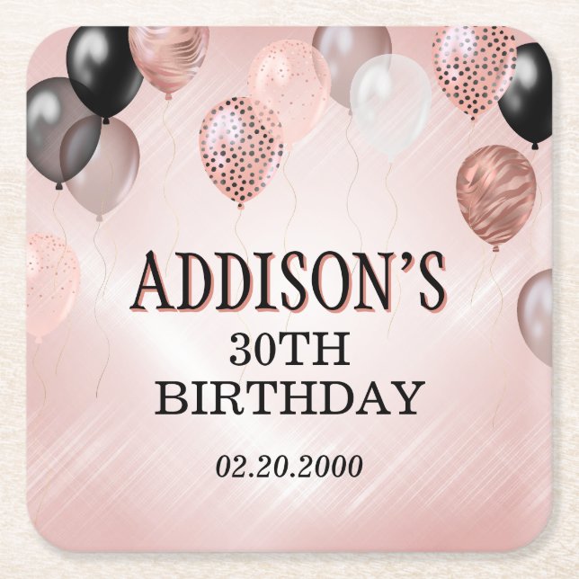Birthday Rose Gold Balloons Square Paper Coaster (Front)