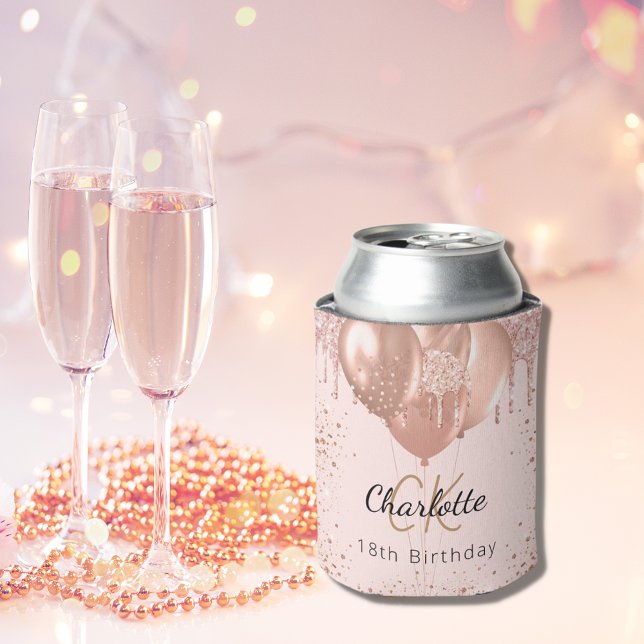 Birthday rose gold blush balloons monogram name can cooler (Creator Uploaded)