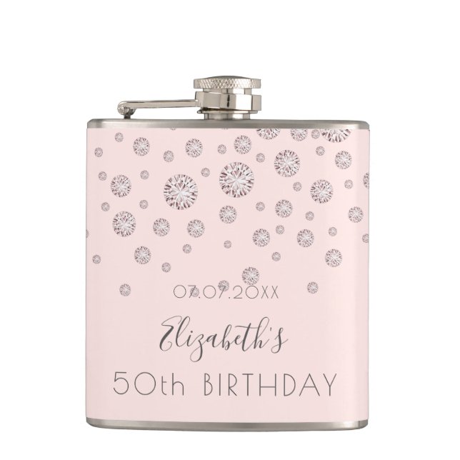 Birthday rose gold blush diamonds monogram hip flask (Front)