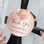 Birthday rose gold blush glitter balloon Thank You Classic Round Sticker<br><div class="desc">A sticker for a girly and glamourous 18th (or any age) birthday party.  A blush,  rose gold coloured background with faux glitter dust and balloons. The text: Thank You is written with a large modern hand lettered style script. Personalize and add a name.</div>