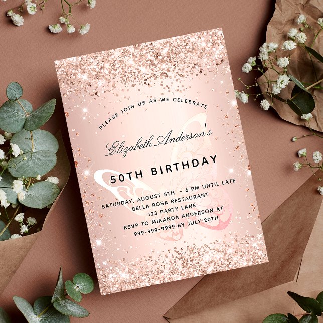 Birthday rose gold blush glitter butterfly invitation (Creator Uploaded)