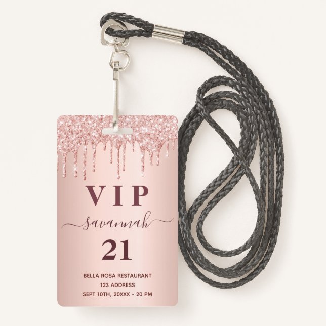 Birthday rose gold blush glitter drips vip badge (Front with Lanyard)
