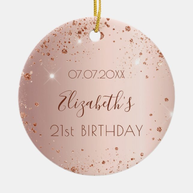 Birthday rose gold blush glitter name ceramic ornament (Front)
