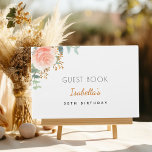 Birthday rose gold blush pink eucalyptus name guest book<br><div class="desc">For an elegant and feminine 50th (or any age) birthday party. A chic white background. Decorated with a rose gold and blush pink watercolored rose flower, floral (rose), green eucalyptus leaves, sprigs, greenery and faux gold sprigs. Personalize and a name and age. Black and golden letters. The name is written...</div>