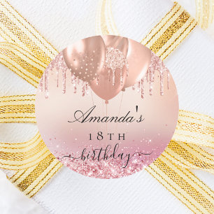 Birthday rose gold blush pink name balloon classic round sticker