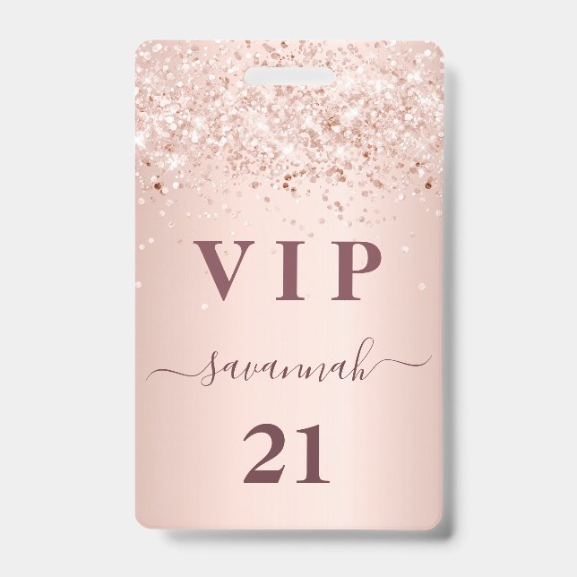 Birthday rose gold blush pink name vip  badge (Front)