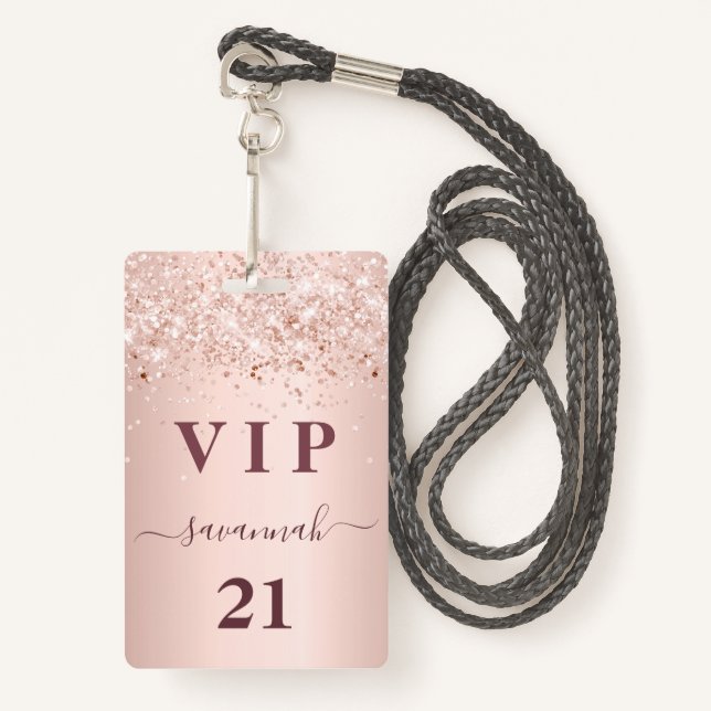 Birthday rose gold blush pink name vip  badge (Front with Lanyard)