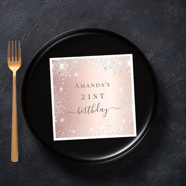 Birthday rose gold blush silver glitter name napkin (Creator Uploaded)