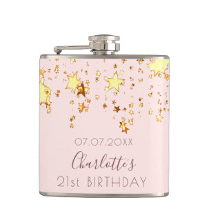 Birthday rose gold blush stars name hip flask